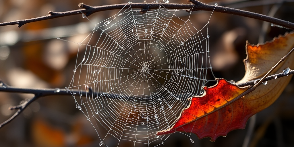 Capture a close-up of a dew-covered spider web on dried branches and fallen leaves with a shallow depth of field, using a DSLR camera, 50mm lens at f/2.8, ISO 100, and a shutter speed of 1/200s in natural light to enhance details and texture.