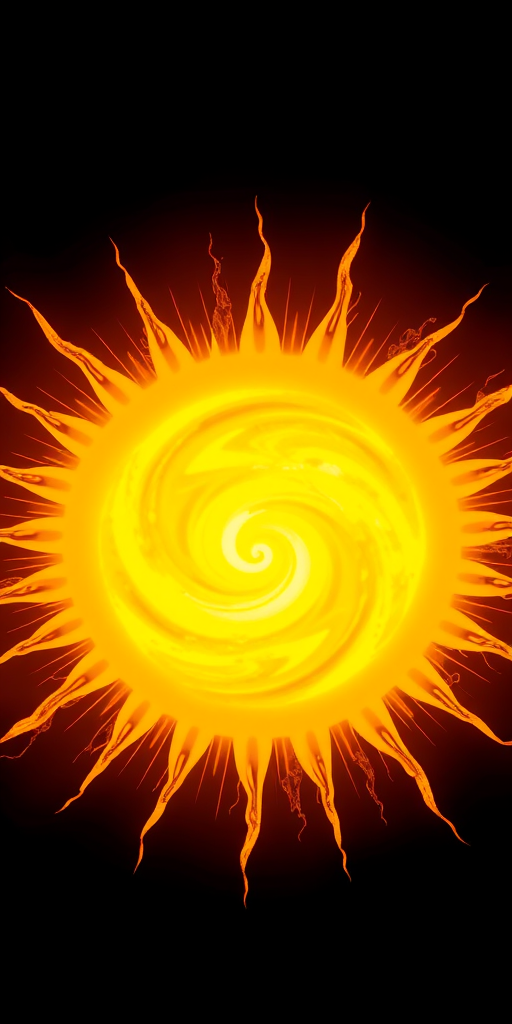 Create an image of a bright yellow sun with swirling patterns in the center and radiating rays around it, captured using a DSLR camera, f/8 aperture, ISO 100, 50mm lens, in a high-contrast style with vibrant colors.
