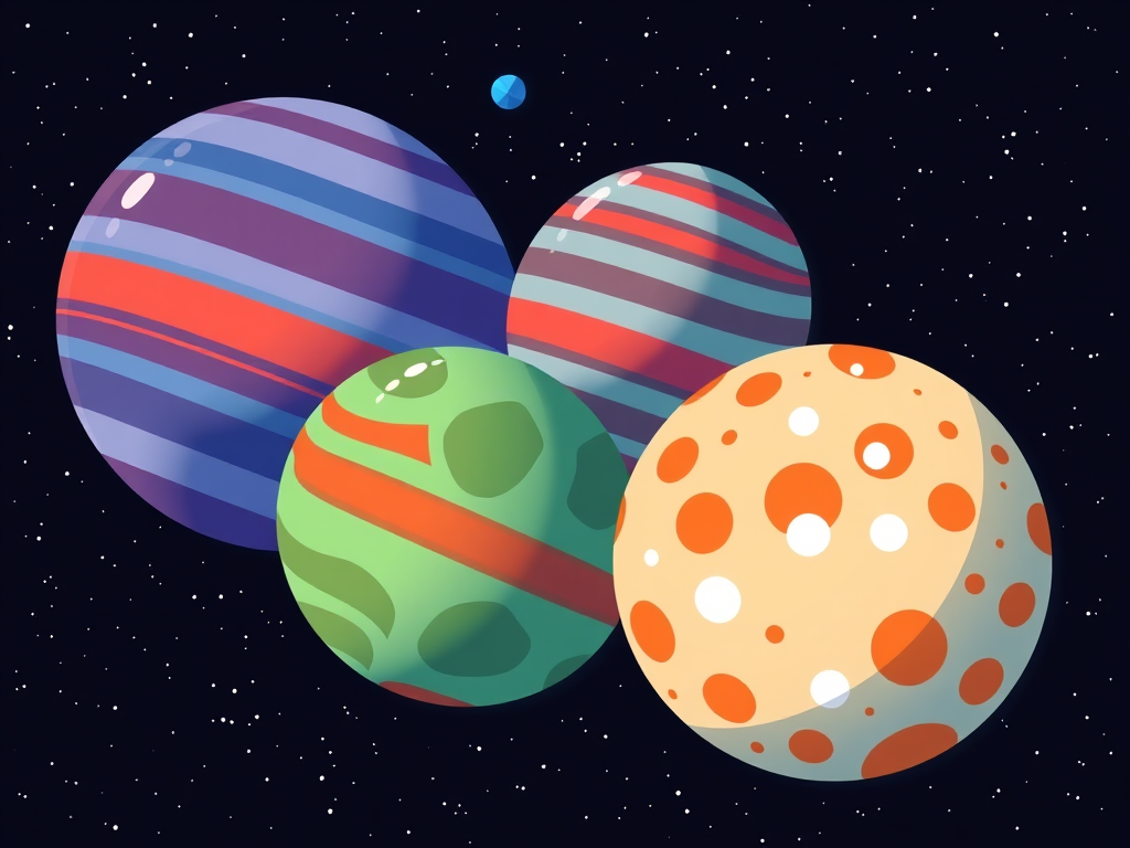 Create a vibrant illustration of four unique planets in a space scene, featuring a blue striped planet, a red striped planet, a green spotted planet, and an orange and white dotted planet, use a 35mm lens, f/8 aperture, ISO 100, and a top-down view with high saturation and sharp details.