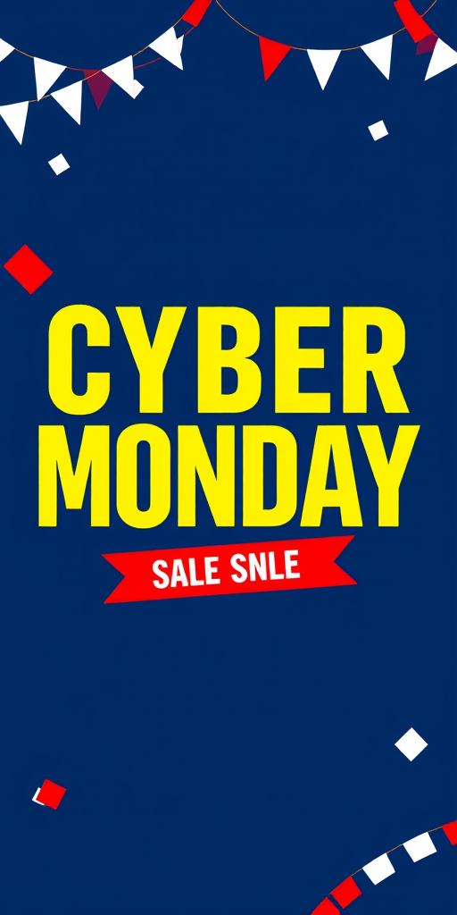 Create a colorful digital graphic for Cyber Monday featuring bold yellow text on a dark blue background with white and red banners, using a high-resolution setting, wide-angle view, flat lay style, and digital artwork type.
