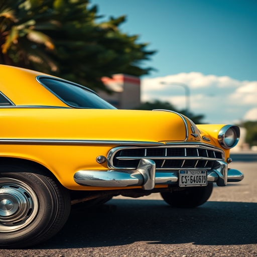 Create a vintage style photograph of a classic yellow car, side view, daytime, with an aperture of f/8, shutter speed of 1/500s, ISO 200, using a DSLR camera with a 50mm lens.