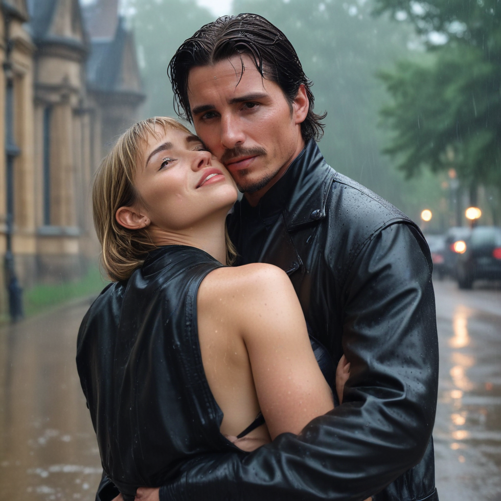 Christian bale as bruce wayne and allison mack, love scene, nearby mouths, hug, open jacket, in full black leather motorcycle gear, heavy rain, bikini, looking at the camera, love scene, wollaton hall background