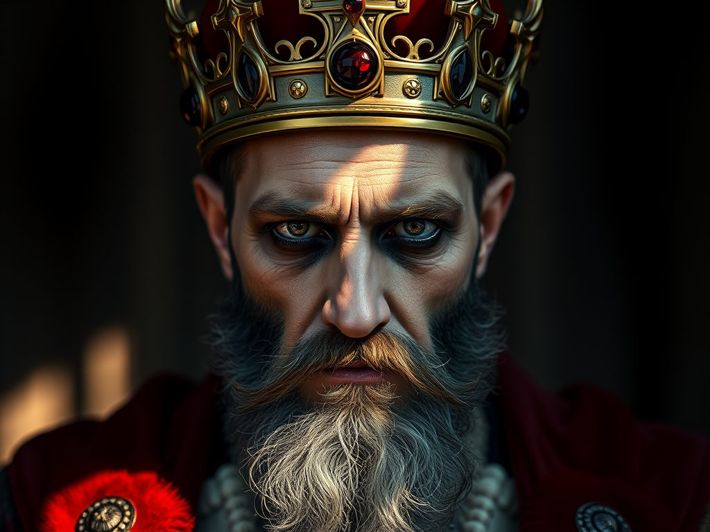 Create a regal portrait of a sinister king with a crown, deep shadows, and dramatic red accents, using a Canon EOS R5, 85mm lens, f/1.4 aperture, ISO 100, in soft natural light.