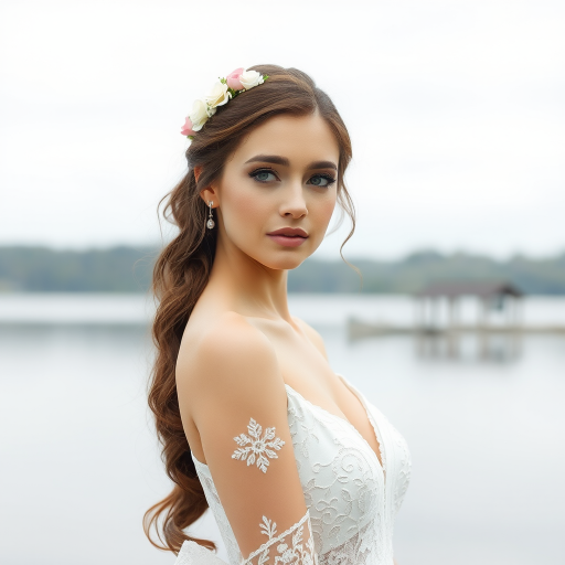water front lake scene, bridal model, delicate lace gown, floral headpiece, soft romantic focus, high-key lighting and an 85mm lens for soft, even tones that highlight the model’s face and bright outfit against a white or light background