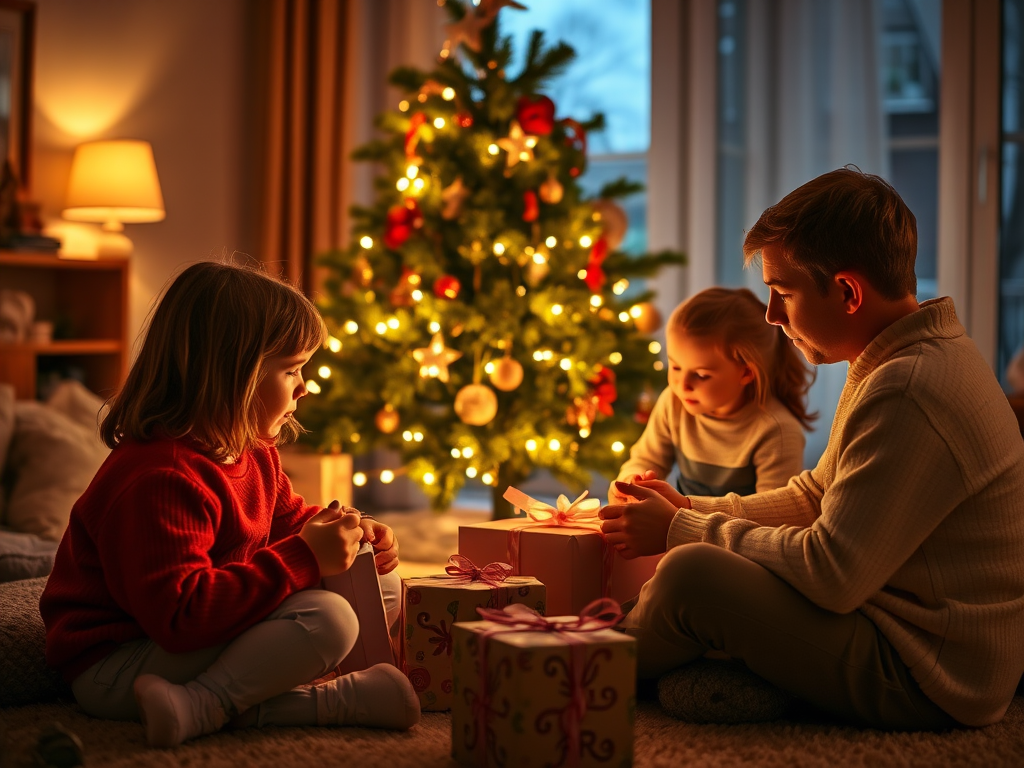 Warmly lit photo of a family gathered around a Christmas tree, children eagerly unwrapping gifts, soft glow from the tree lights casting festive shadows, with the smell of pine and cinnamon filling the air.