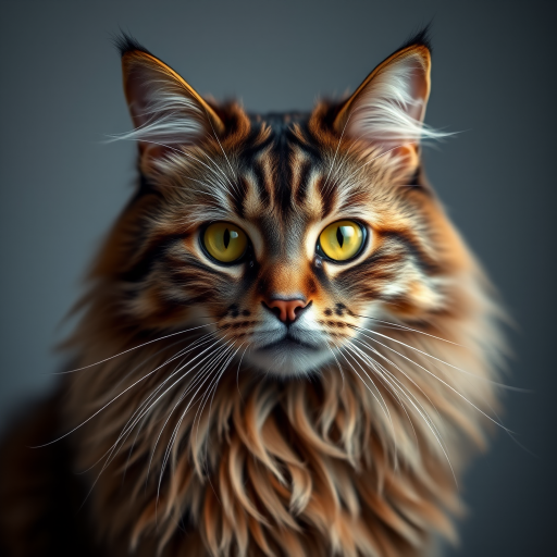 portrait of a majestic long-haired cat with piercing yellow eyes, soft diffused lighting, shallow depth of field, ISO 200, f/2.8, 85mm lens, studio backdrop, high-resolution DSLR camera