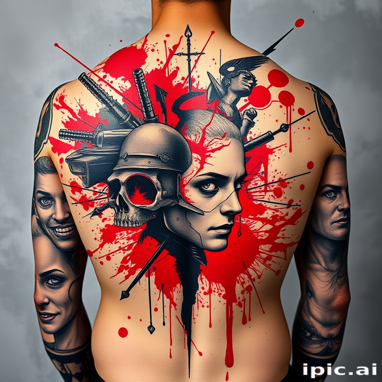 Striking trash polka tattoo combining bold red splashes with photorealistic black and gray elements, juxtaposing chaotic abstract forms with precise portraits, spanning the entire back