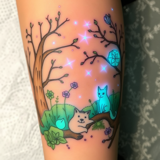 Enchanting "Fairy Tale Forest" tattoo transports viewers into a magical woodland scene. Soft, muted greens and browns create a lush backdrop, while pops of bioluminescent blues and purples add an otherworldly glow. Delicate linework brings to life whimsical creatures and ethereal flora, creating a storybook-worthy piece full of wonder and imagination.