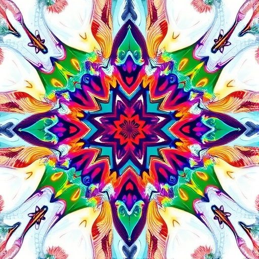 Generate a high-resolution image of an abstract design with vibrant colors and intricate patterns, using a DSLR camera with a 50mm lens at f/1.8, ISO 100, and a shutter speed of 1/200s, captured from a top-down view for a dynamic perspective.
