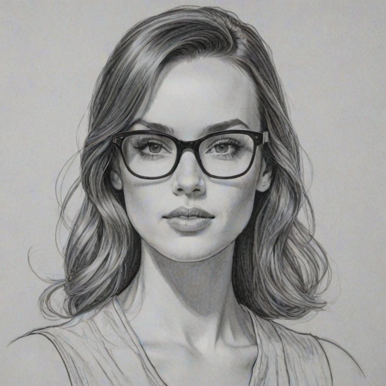 Comely Jessica McNamee, pencil sketch, portrait of Graceful woman 1961s in glasses, hair style beatnik, outline, clear lines, fine lines, 8k