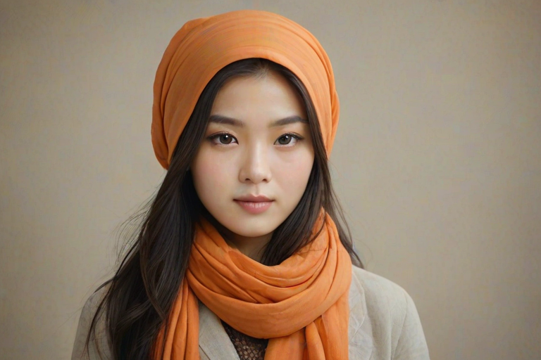 Create a portrait of a young Korean woman with long, dark hair and captivating hazel eyes. She is wearing a orange headscarf and a matching scarf draped gracefully around her neck. The background is softly blurred, focusing attention on her serene and natural expression. The overall color palette is muted and warm, enhancing the intimate and authentic feel of the portrait.