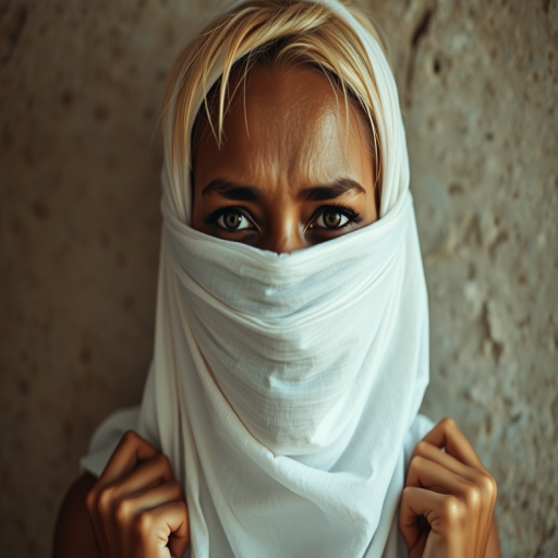 Create a close-up photographic image of a Zulu woman with light skin tones shown against an old, worn wall. Their head is wrapped in a white cloth covering (i.e.... parts of the head except the nose and mouth, which are open as if they are screaming...), with a slight texture and visible folds in the fabric. Thin strands of blonde hair escape from the wrapping above, falling lightly at the top and sides. Their hands hold the fabric as if they are tugging nervously. The lighting is dramatic and even, casting strong shadows. The image has a minimalist and surreal style with an emphasis on simplicity with soft color tones. The composition is centered.