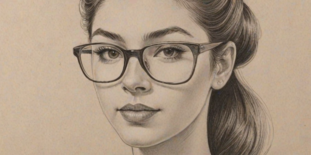 Pleasing Kira Kosarin, pencil sketch, portrait of Comely woman 1946s in glasses, hair style beatnik, outline, clear lines, fine lines, 8k