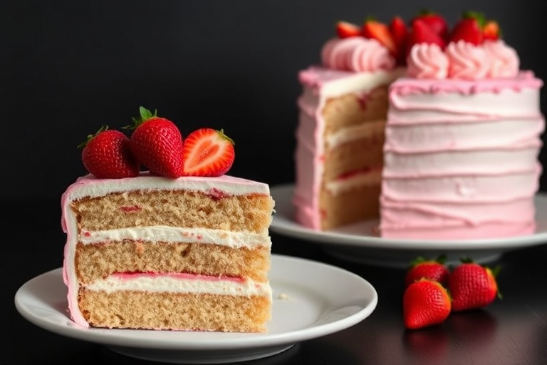 A beautifully layered cake with pink and white frosting, topped with fresh strawberries, served on a white plate against a dark background, with a slice cut to reveal its layers and a whole cake in the background.