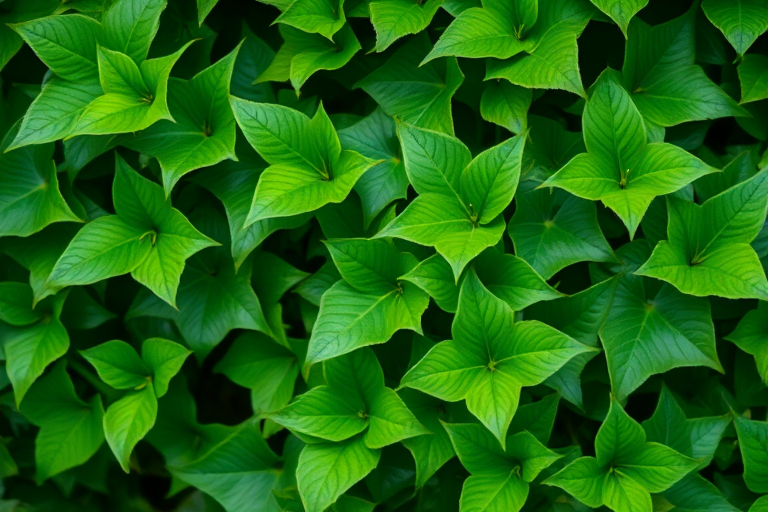 Close-up of lush green ivy leaves with a slight depth of field, f/4 aperture, ISO 200, 50mm lens, natural daylight, DSLR camera, vibrant colors and sharp details.