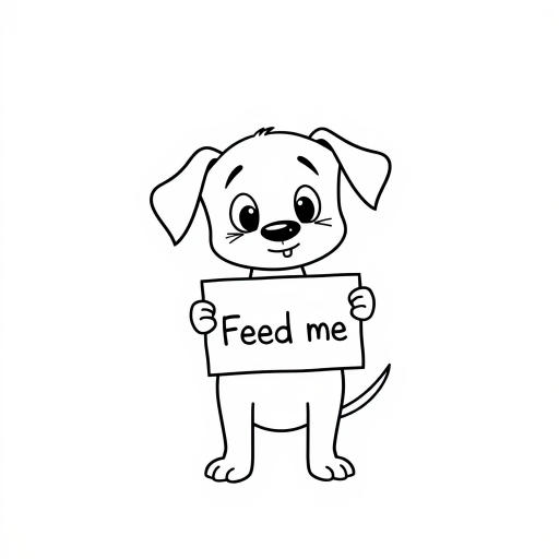 A minimalist cartoon of a PUPPY standing on a blank white background, holding a sign that simply says, 'Feed me.' The puppy is drawn with just a few lines: big eyes, whiskers, floppy ears, and a straight tail, giving it a comically desperate expression.