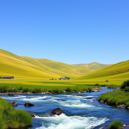 Generate an image of a serene landscape with rolling green hills, a clear blue sky, and a flowing river through the foreground, shot with a DSLR camera at f/8 aperture, ISO 100, with a 50mm lens, using a wide-angle view to capture the expanse of the scene in daylight.