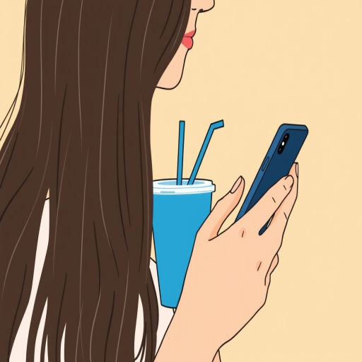 Create an illustration of a person with long hair holding a smartphone and a blue cup with a straw in a minimalistic style, using a 50mm lens, f/1.8 aperture, shot in portrait orientation, with soft lighting and high contrast to enhance details.