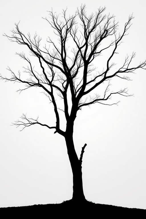 Create a high-resolution image of a minimalist black silhouette of a tree against a soft white background, captured with a DSLR camera at f/2.8 aperture, 1/125 shutter speed, ISO 100, using a 50mm lens from a low angle for a dramatic effect.