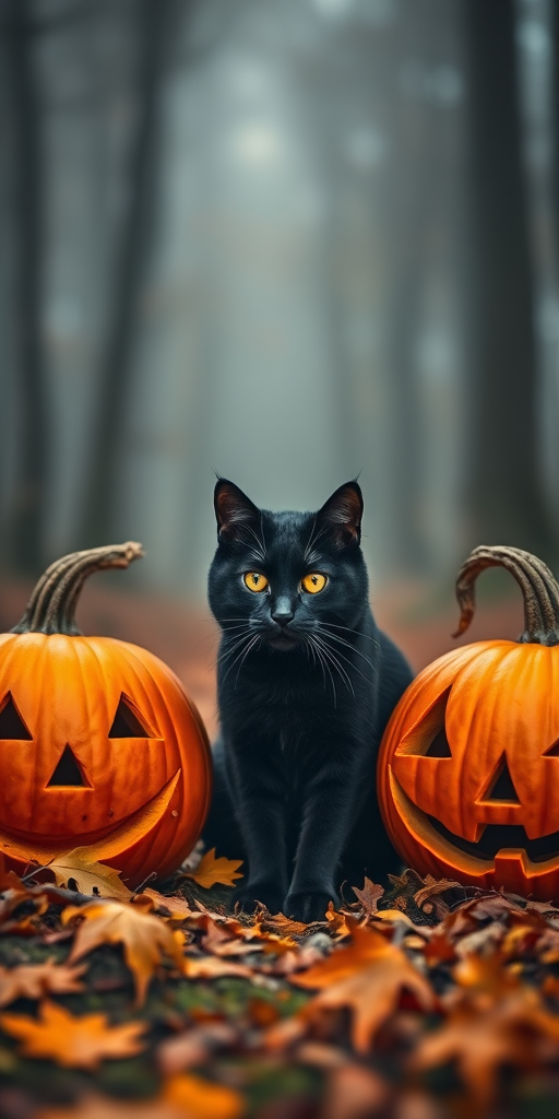 black cat sitting between two carved pumpkins in a foggy forest during autumn with orange leaves on the ground, shallow depth of field, aperture f1.8, ISO 100, shutter speed 1/250s, focused on the cat, DSLR camera, portrait style