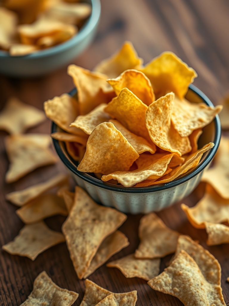 a close-up shot of a bowl filled with crispy tortilla chips on a wooden table, with scattered tortilla chips around, natural lighting, aperture f/2.8, shutter speed 1/60 sec, ISO 200, DSLR camera, macro lens