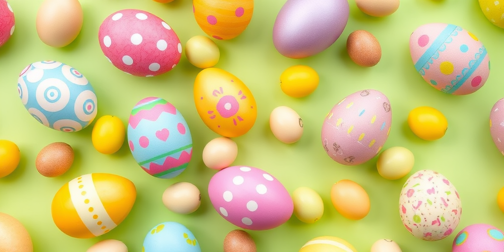 Create a vibrant and playful Easter egg pattern on a pastel green background, featuring a variety of decorated eggs in different colors and designs, captured with a DSLR camera at f/5.6, ISO 200, and 50mm lens, top-down view, flat lay style for optimal clarity and detail.