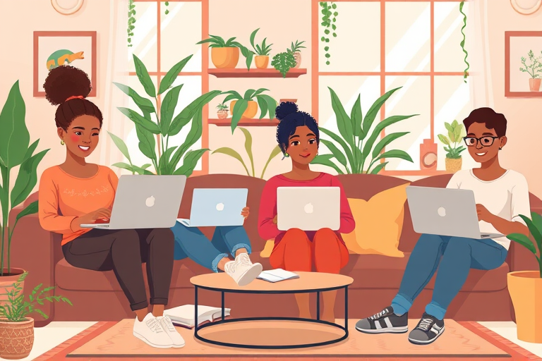 Create an illustration of four diverse individuals working on laptops in cozy indoor settings, with a focus on varying poses and environments; use vibrant colors; settings include a cozy living room with plants, bright lighting; camera settings: ISO 100, f/4, 1/60s; camera view: wide angle; camera style: digital illustration; camera type: vector art.