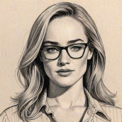 Enticing Caity Lotz, pencil sketch, portrait of Magnificent woman 1977s in glasses, hair style beatnik, outline, clear lines, fine lines, 8k