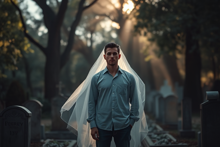 A male figure standing serenely in a graveyard, a translucent ghostly figure embracing him from behind, ethereal light filtering through the trees, shot with a Canon EOS R5, 85mm f/1.2 lens, ISO 100, aperture f/2.0, soft backlighting for a dreamy effect.