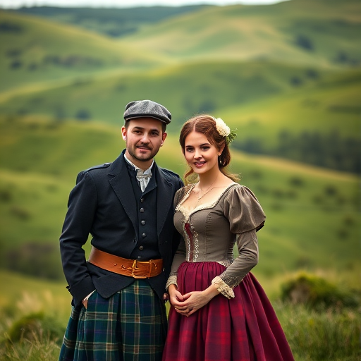 Regenerate a high-resolution image of a couple in historical Scottish attire, standing in a lush green landscape with rolling hills in the background, captured with a Canon EOS R5 at f/2.8, ISO 200, 50mm lens, soft natural lighting, and a shallow depth of field to enhance detail and focus on the subjects.
