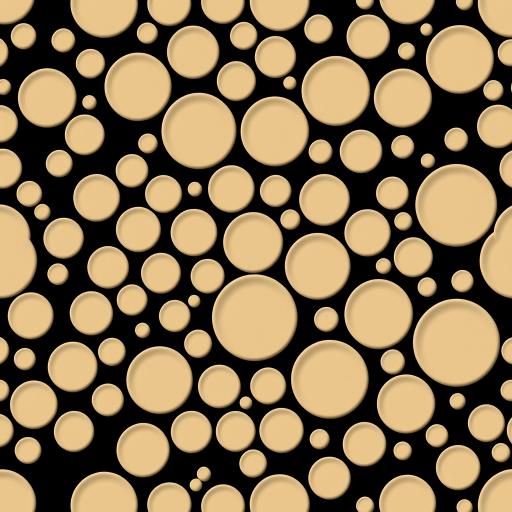 Create a seamless pattern of circles in varying sizes arranged in a gradient from small to large on a solid black background, captured with a DSLR camera at f/8 aperture, ISO 100, 24mm lens, 1/125 sec exposure, overhead view, high dynamic range to enhance detail and texture.
