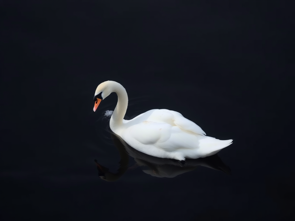 A majestic swan swimming gracefully on a dark, reflective water surface, captured with a Canon EOS 5D Mark IV, 50mm lens, f/2.8 aperture, ISO 100, 1/200s shutter speed, natural lighting.