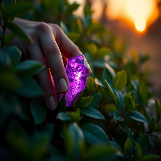 regenerate an image of a hand gently picking up a glowing purple crystal among lush green leaves at sunset, using a Canon EOS R5, 50mm f/1.2 lens, aperture set to f/2.8, ISO 100, shutter speed 1/200s, in a macro view with soft bokeh effect to enhance image quality