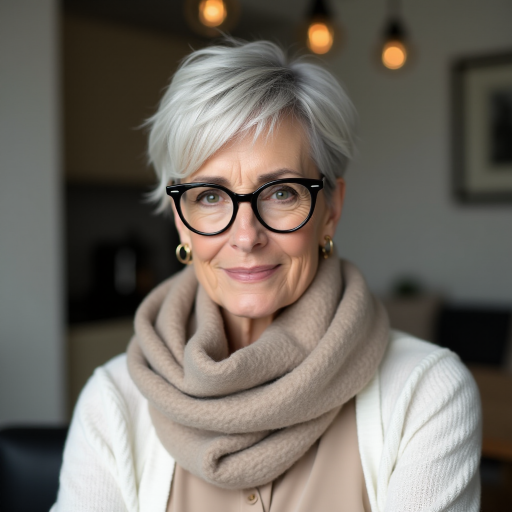 Portrait of a mature woman with short silver hair, styled in an asymmetrical pixie cut with side bangs. She wears black-framed glasses and a beige blouse with a white cardigan over it, as well as a bulky scarf in neutral tones. The woman is indoors with soft lighting and a blur in the background. Her expression is serene and confident, highlighting her elegance and modern style.