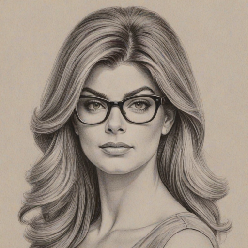 Gorgeous Kirstie Alley, pencil sketch, portrait of Delightful woman 1966s in glasses, hair style beatnik, outline, clear lines, fine lines, 8k