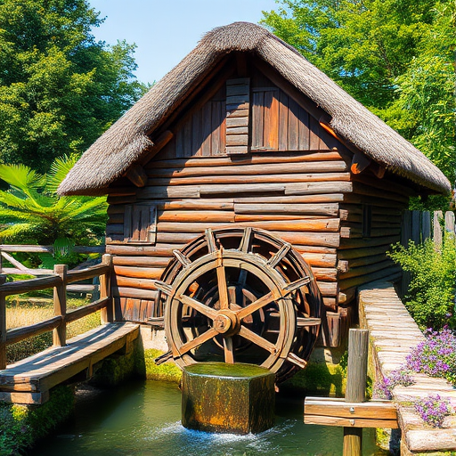 Generate an image of a traditional wooden water mill with a thatched roof, surrounded by lush green foliage and a wooden fence, captured in bright daylight; camera settings: aperture f/8, ISO 100, shutter speed 1/250; camera view: slightly angled to highlight the water wheel, camera style: vivid colors and sharp details; camera type: DSLR.