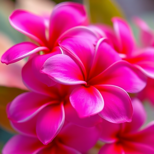 Close-up of vibrant pink plumeria flowers, shallow depth of field, natural light, f/2.8, 50mm lens, ISO 200, macro photography.