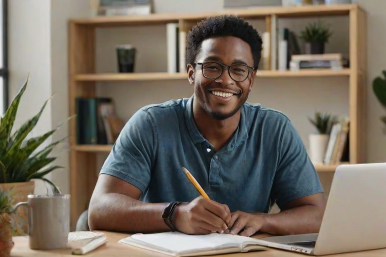 African American male, smiling, waving, eyeglasses, casual clothing, sitting at desk, laptop, home office, indoor, daylight, notebook, writing utensil, modern decor, house plants, bookshelf, natural lighting, cheerful expression, smartwatch, comfortable environment, clear focus, medium shot.