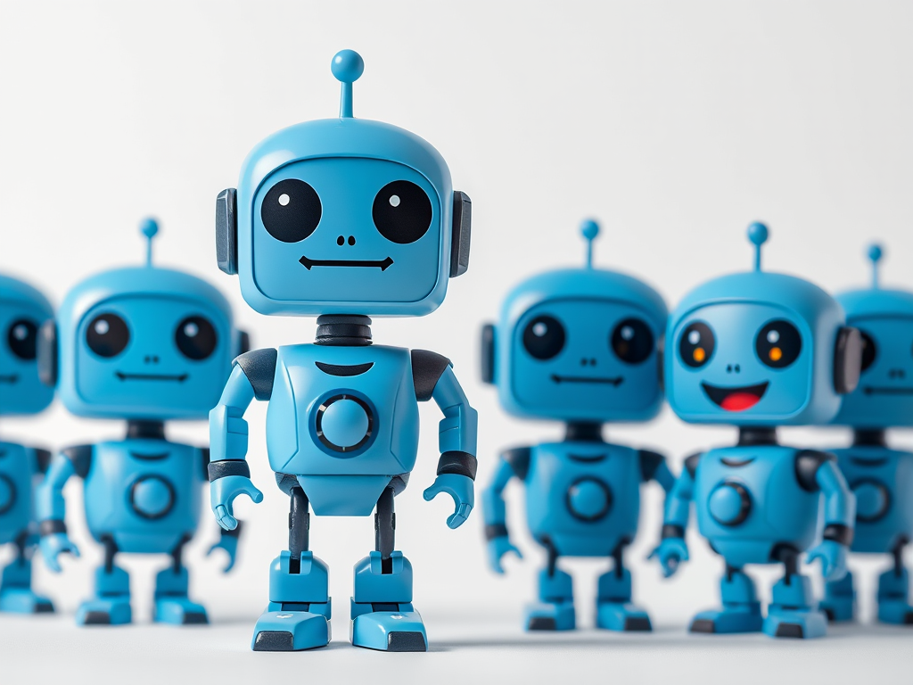 Create a series of cute, cartoon-style blue robots with varying facial expressions, set against a simple white background, using a Canon EOS R5 camera with 50mm f/1.2 lens, ISO 100, aperture f/2.8, and a soft diffused lighting setup for enhanced image quality.