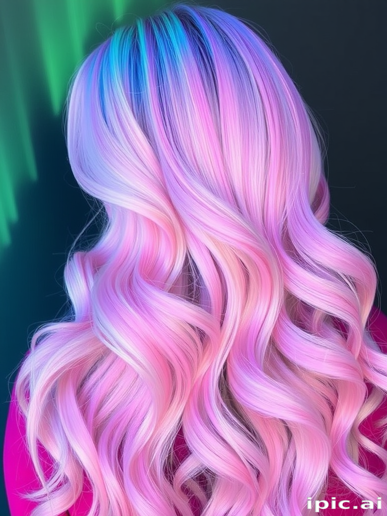 Mesmerizing holographic hair color shifting between pastel hues, styled in mermaid waves called "Aurora Dreams" capturing the ethereal beauty of northern lights