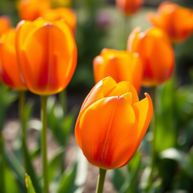 Close-up shot of vibrant orange tulips in a garden, aperture f/2.8, shutter speed 1/500s, ISO 200, taken with a DSLR camera using a macro lens, soft focus background with natural sunlight illuminating the flowers.