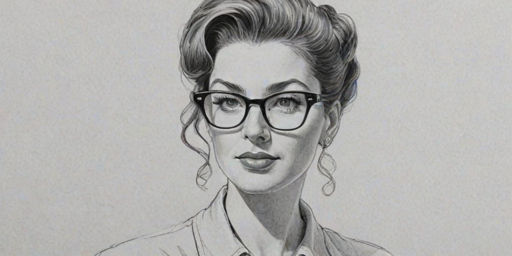 Comely Bianca Kajlich, pencil sketch, portrait of Fascinating woman 1949s in glasses, hair style beatnik, outline, clear lines, fine lines, 8k