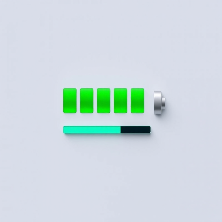 Create an image of a battery loading indicator showing four green bars and one empty bar, with a minimalist design and a sleek modern aesthetic, using a DSLR camera, 50mm lens, f/2.8 aperture, 1/100 sec shutter speed, and ISO 200 for high detail and clarity.