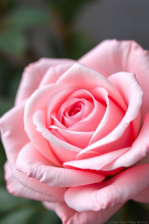Create a high-resolution digital painting of a pink rose with soft pastel colors, focusing on intricate petal detail and smooth gradients, captured from a slight overhead perspective using a full-frame DSLR camera at f/2.8, ISO 100, and a 50mm lens for a shallow depth of field, emphasizing the subject with a clean, blurred background.