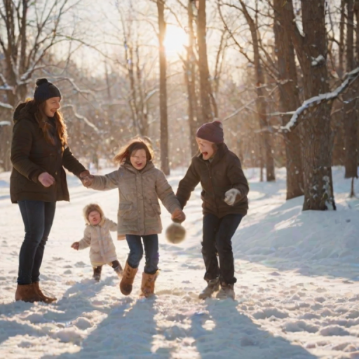 Blurry candid shot of a family playing in the snow, soft golden light from the setting sun casting long shadows on the snowy ground, with snowballs flying through the air and laughter filling the scene.