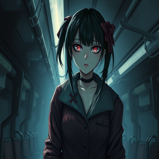 Darkness, horror, creepy, Impressionist Anime painting, metro 2033, disease, mine - type, mass - produced type, cross, slanted eyes, thick coating, twintails, ribbon, black hair, pink eyes, on metro station interior, horror movie atmosphere, dramatic light atmosphere, by Malcolm Liepke, Casey Baugh, jujin ito, and Nick Alm