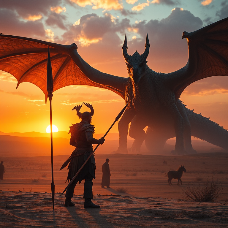 Create an epic fantasy scene featuring a warrior with a spear standing in a desert with a massive dragon in the background, sunset lighting, shot with a Canon EOS R5, 24mm lens, f/2.8, ISO 100, with a vibrant color profile and shallow depth of field to enhance details.