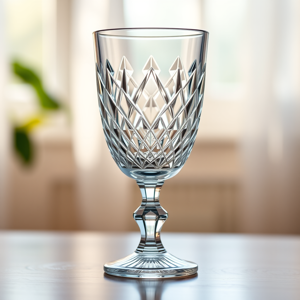 Generate a high-quality image of a crystal goblet with intricate diamond patterns, set against a soft-focus background with natural light, using a DSLR camera with a 50mm lens, aperture f/1.8, ISO 100, shot from a slightly elevated angle to emphasize its details.