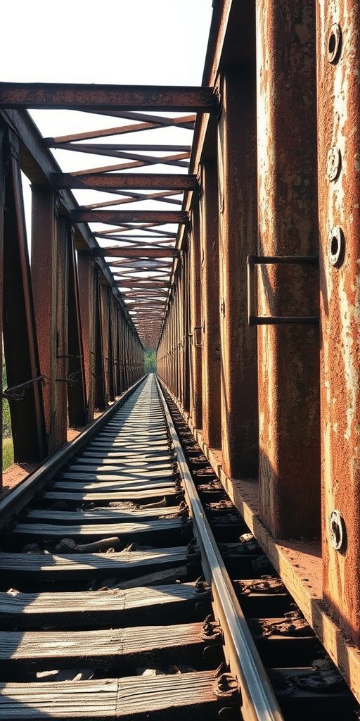 photograph an old rusted railway bridge under bright daylight with a slightly elevated angle, use a 50mm lens, aperture f/8, ISO 100, shutter speed 1/250s, focus on the textures of the rust and wood, ensure vibrant colors and high detail quality.