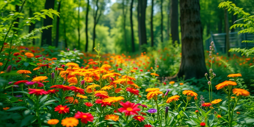 Create a vibrant forest scene filled with colorful flowers and lush greenery, soft focus, f/2.8 aperture, 24mm lens, ISO 200, daylight natural lighting, captured with a DSLR camera.